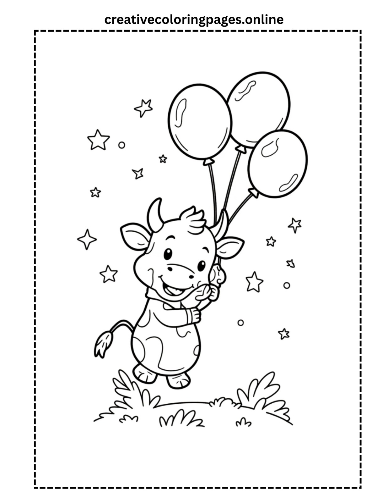 Baby Cow Holding Baloons Coloring Page PDF