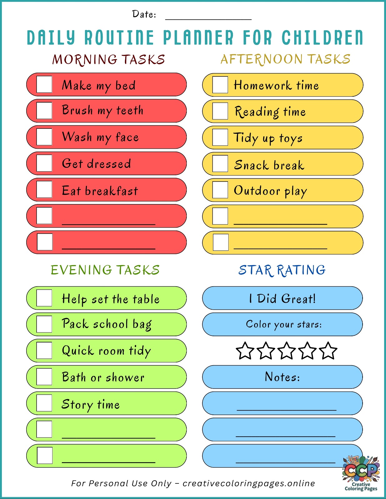 Bright and Colorful Daily Routine Planner for Kids