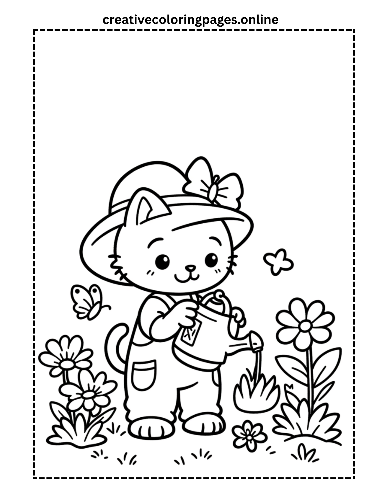 Garden Cat Coloring Page - Cute Kawaii Cat with Flowers PDF - Image 1