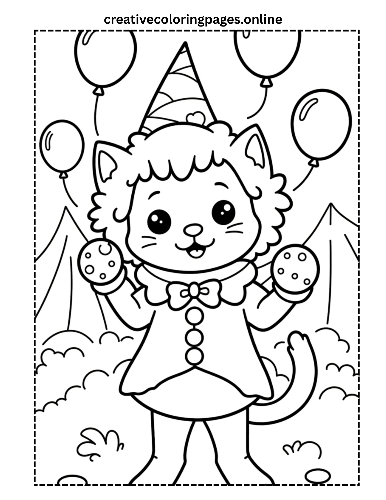 Circus Cat Coloring Page - Cute Clown Cat Party - Image 1