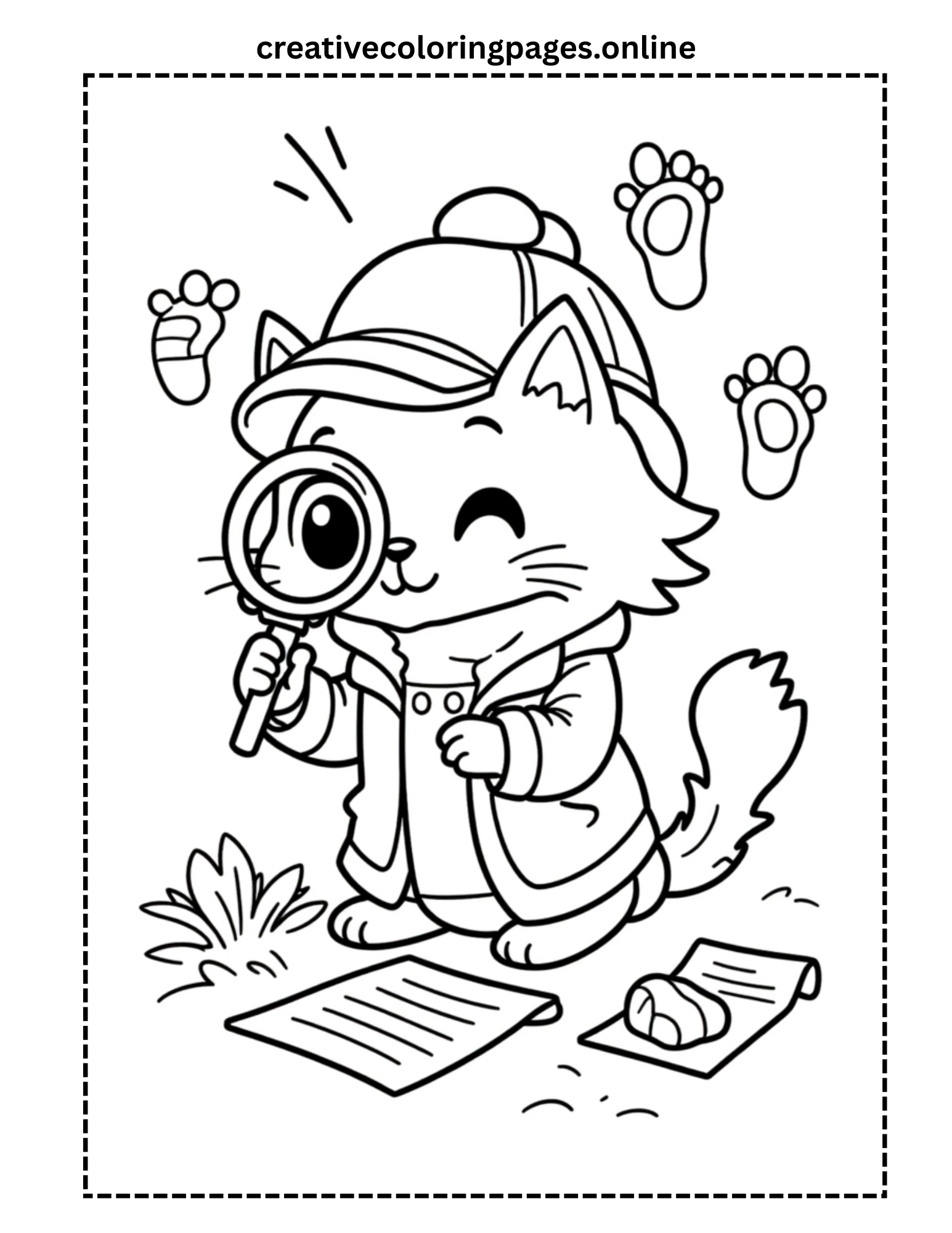Detective Cat Coloring Page - Kawaii Cat Investigato - Image 1