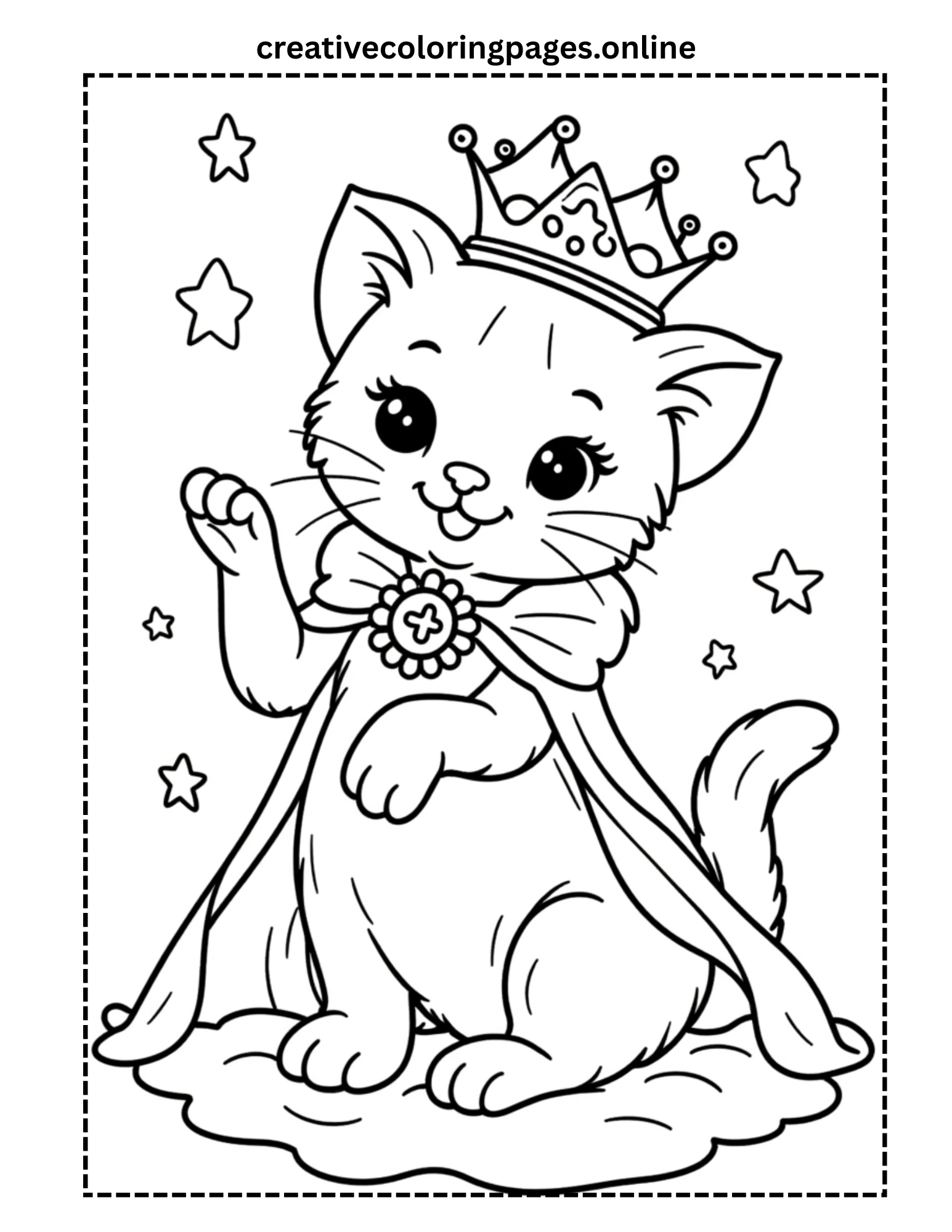 Princess Cat Coloring Page - Royal Kawaii Cat with Crown - Image 1