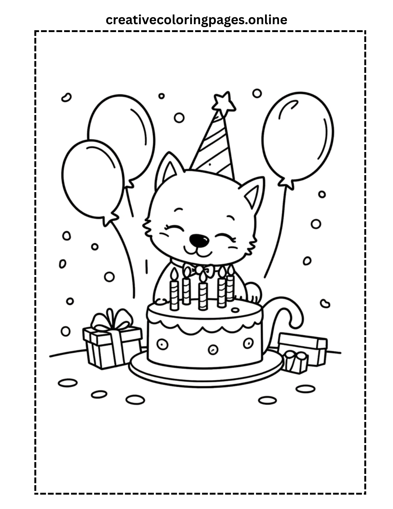 Birthday Cat Coloring Page - Party Cat with Cake - Image 1