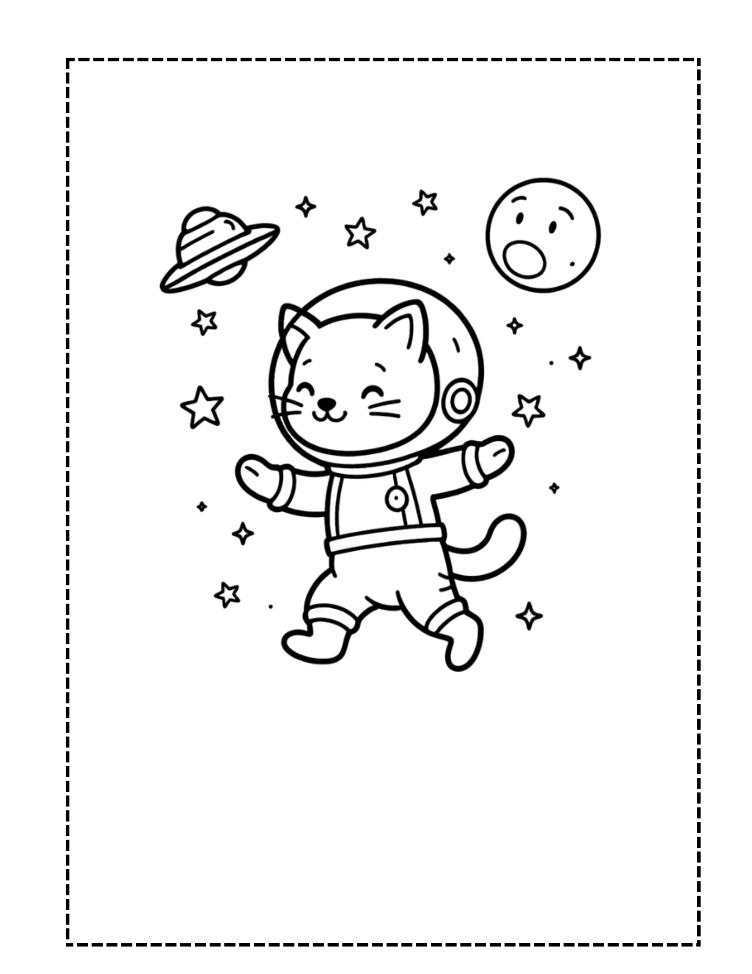 Astronaut Cat Coloring Page - Kawaii Space Cat - Image 1