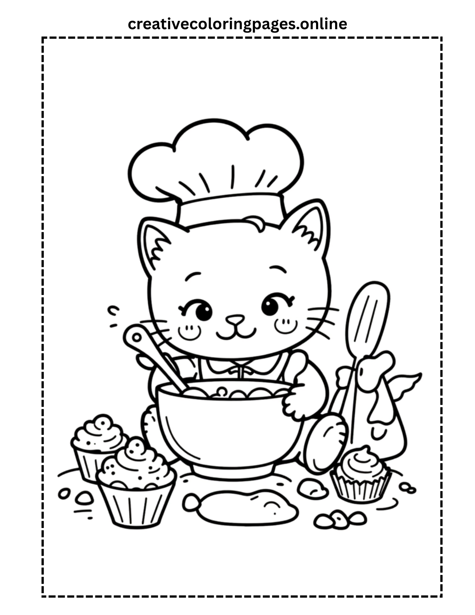 Baking Cat Coloring Page - Kawaii Chef Cat with Cupcakes - Image 1