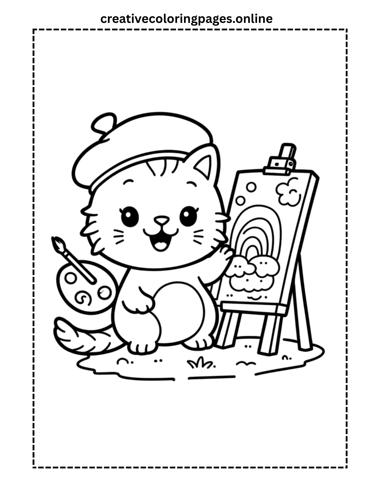 Artist Cat Coloring Page - Kawaii Cat Painting Rainbow - Image 1