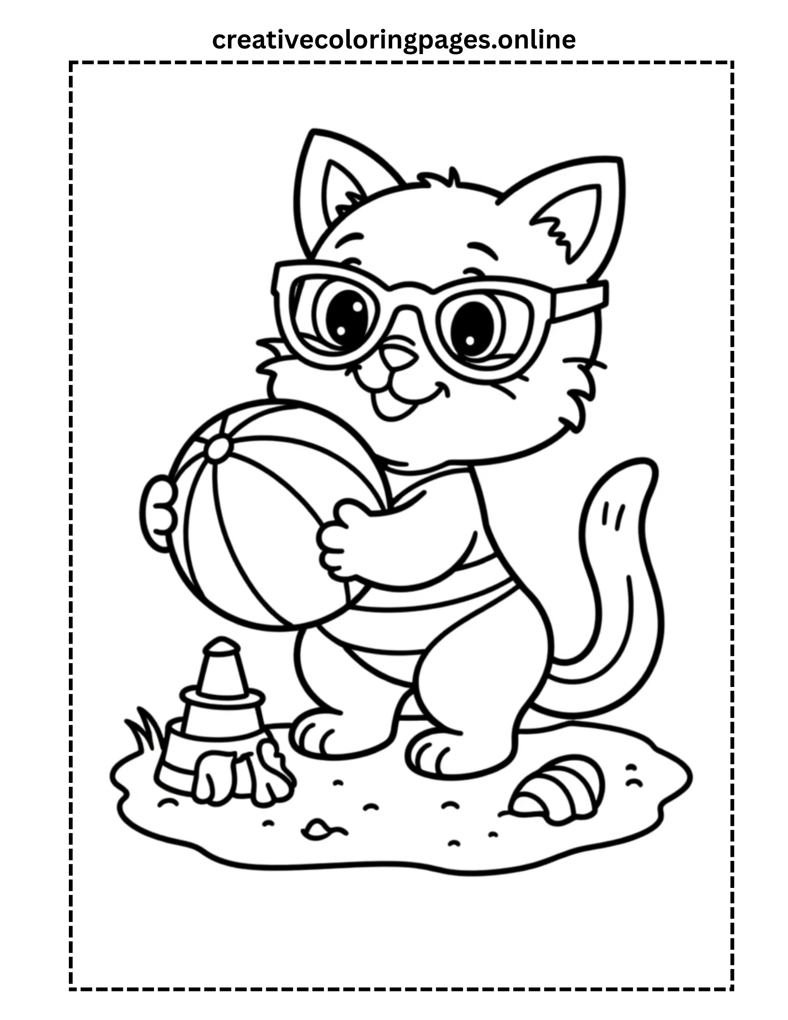 Beach Cat Coloring Page - Kawaii Cat with Sandcastle - Image 1