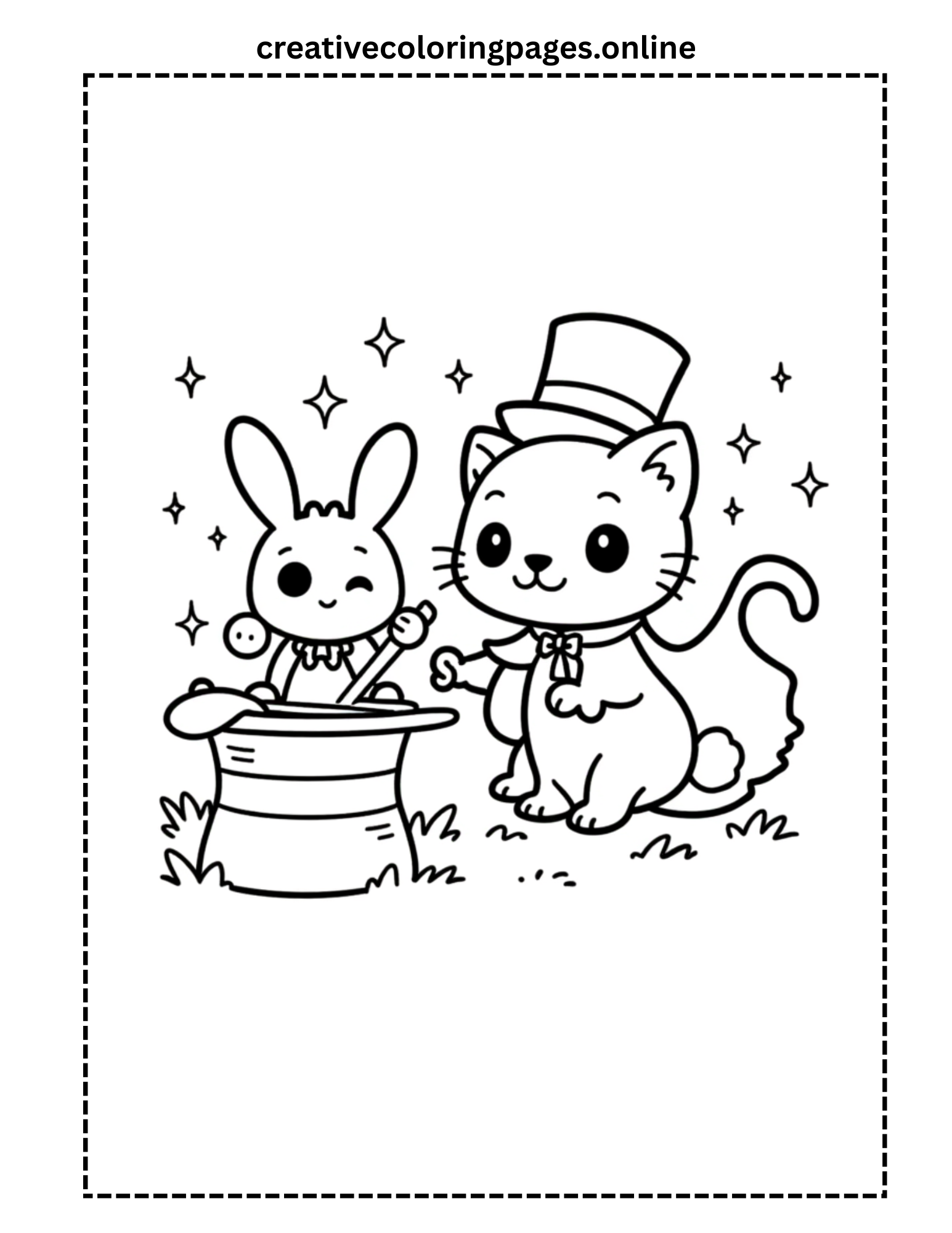 Magic Cat Coloring Page - Kawaii Magician with Rabbit - Image 1