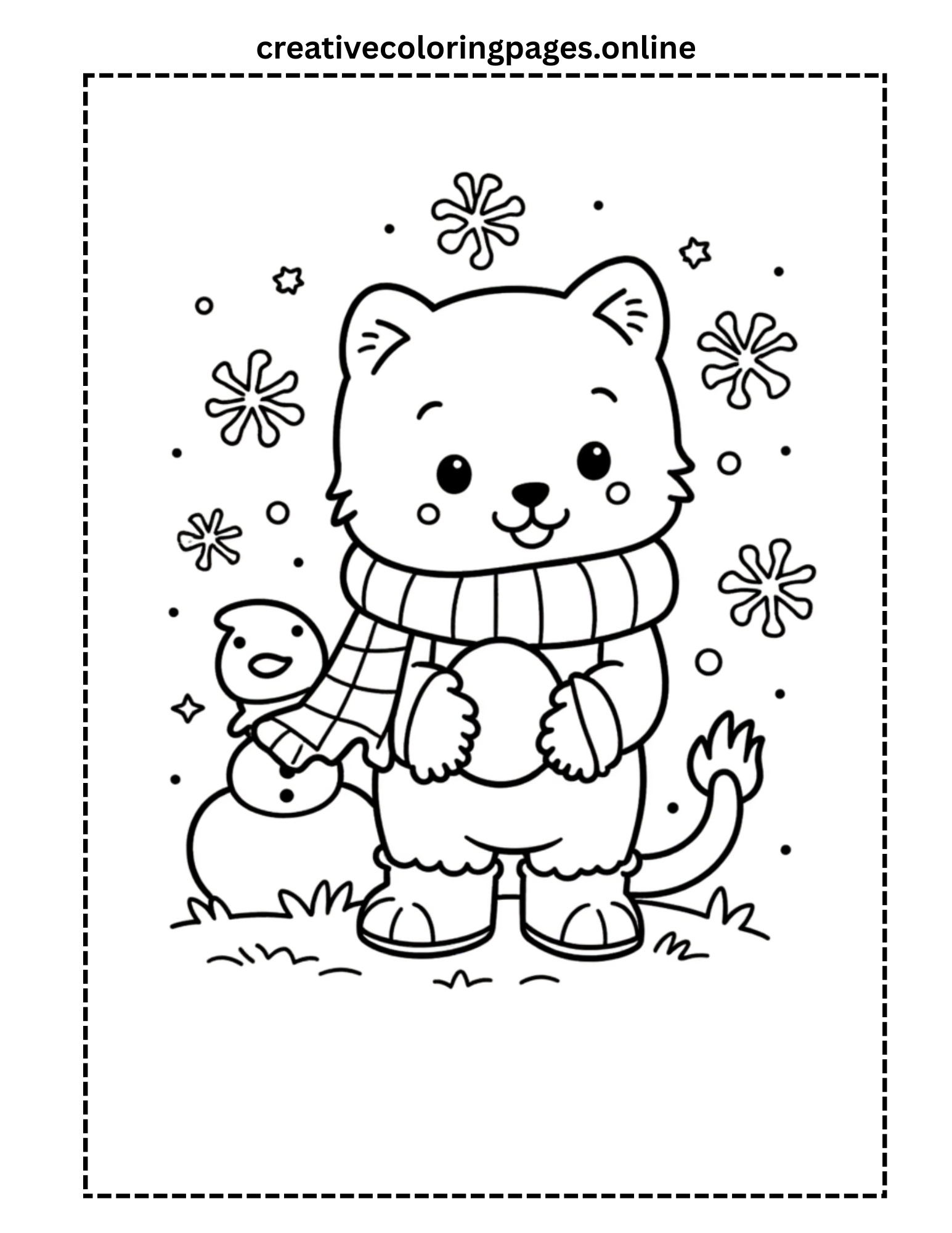 Winter Cat Coloring Page - Kawaii Cat with Snowman - Image 1