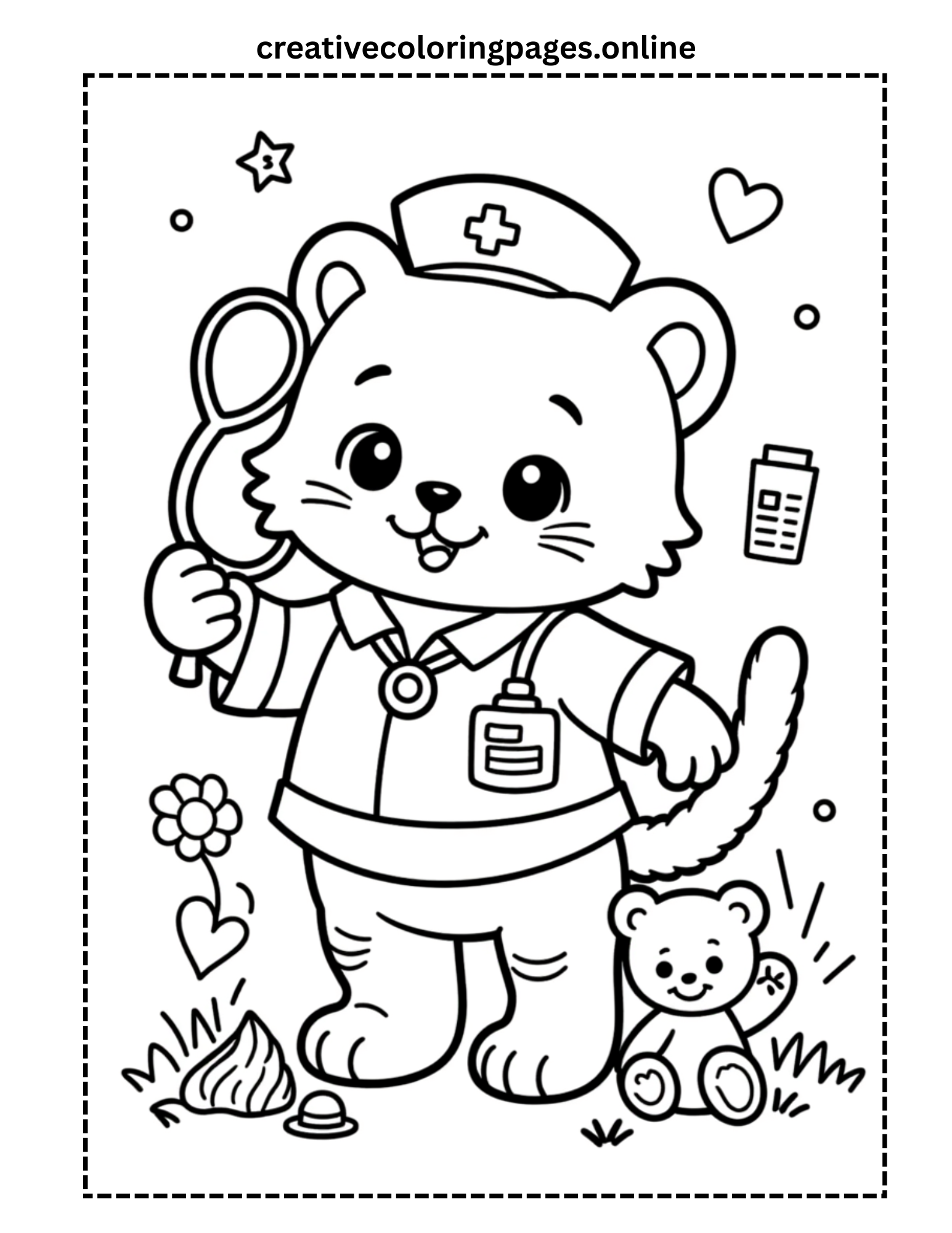 Doctor Cat Coloring Page - Kawaii Nurse Cat with Stethoscope - Image 1