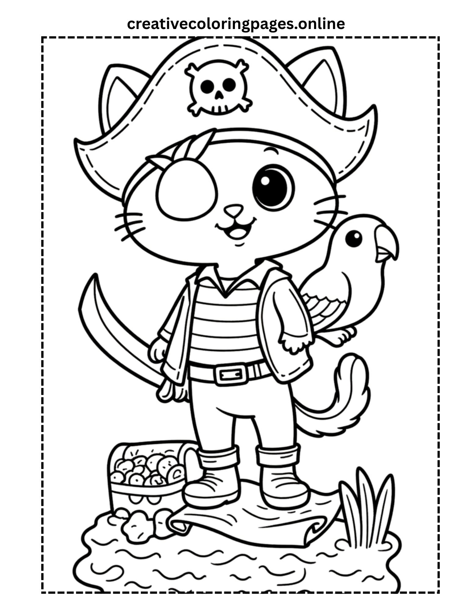 Pirate Cat Coloring Page - Kawaii Cat with Parrot - Image 1