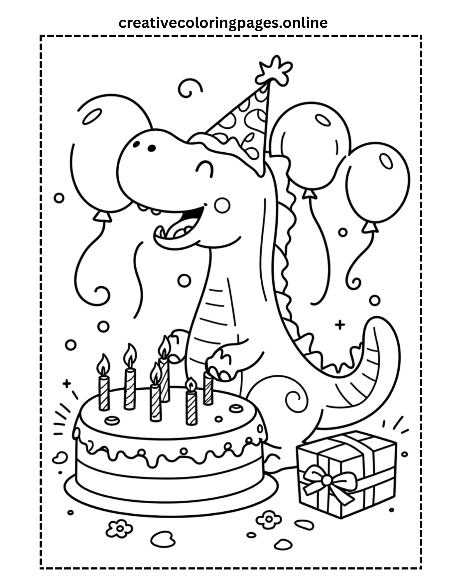 Birthday Dinosaur Coloring Page - Party Dino with Cake