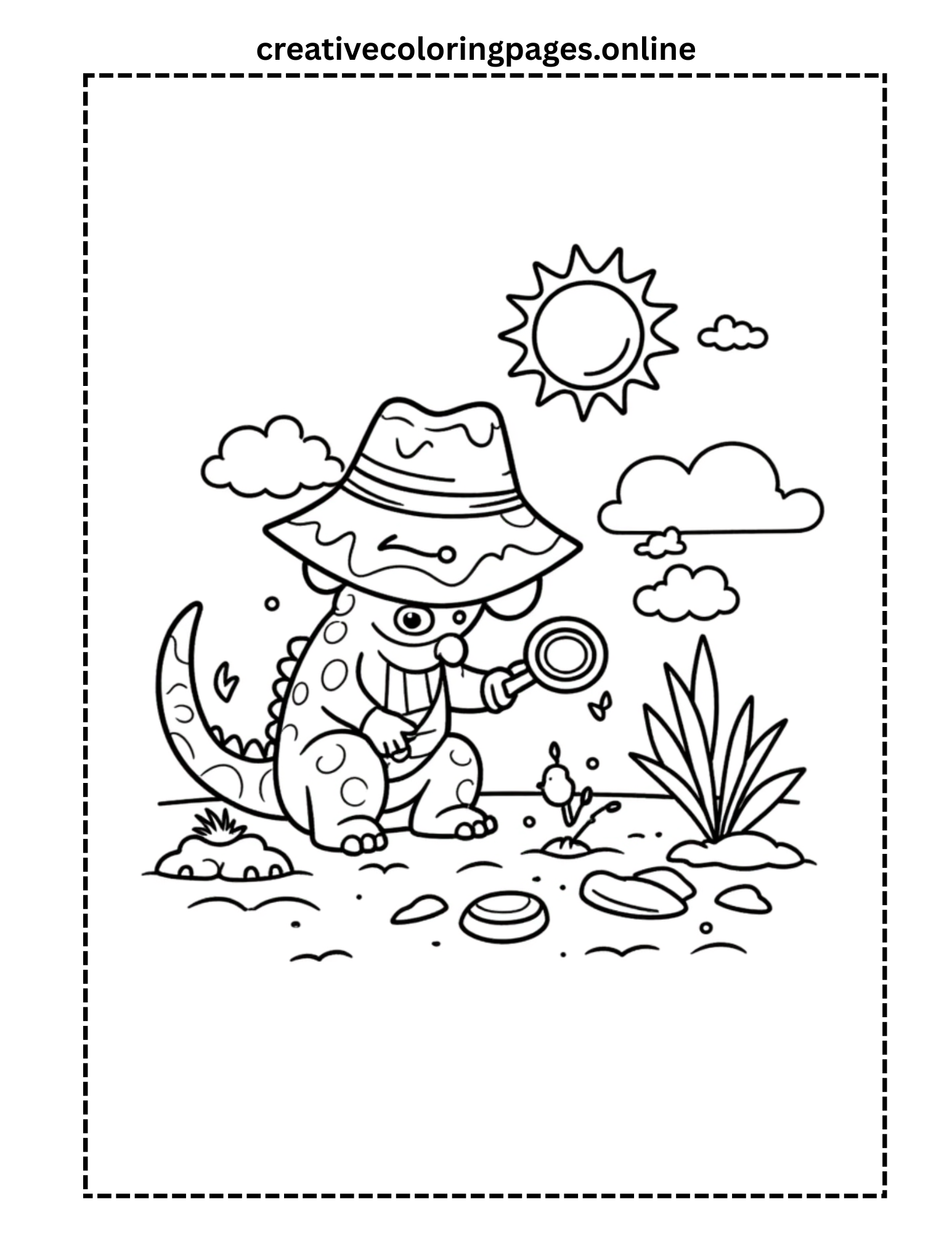 Explorer Dinosaur Coloring Page - Dino with Magnifying Glass