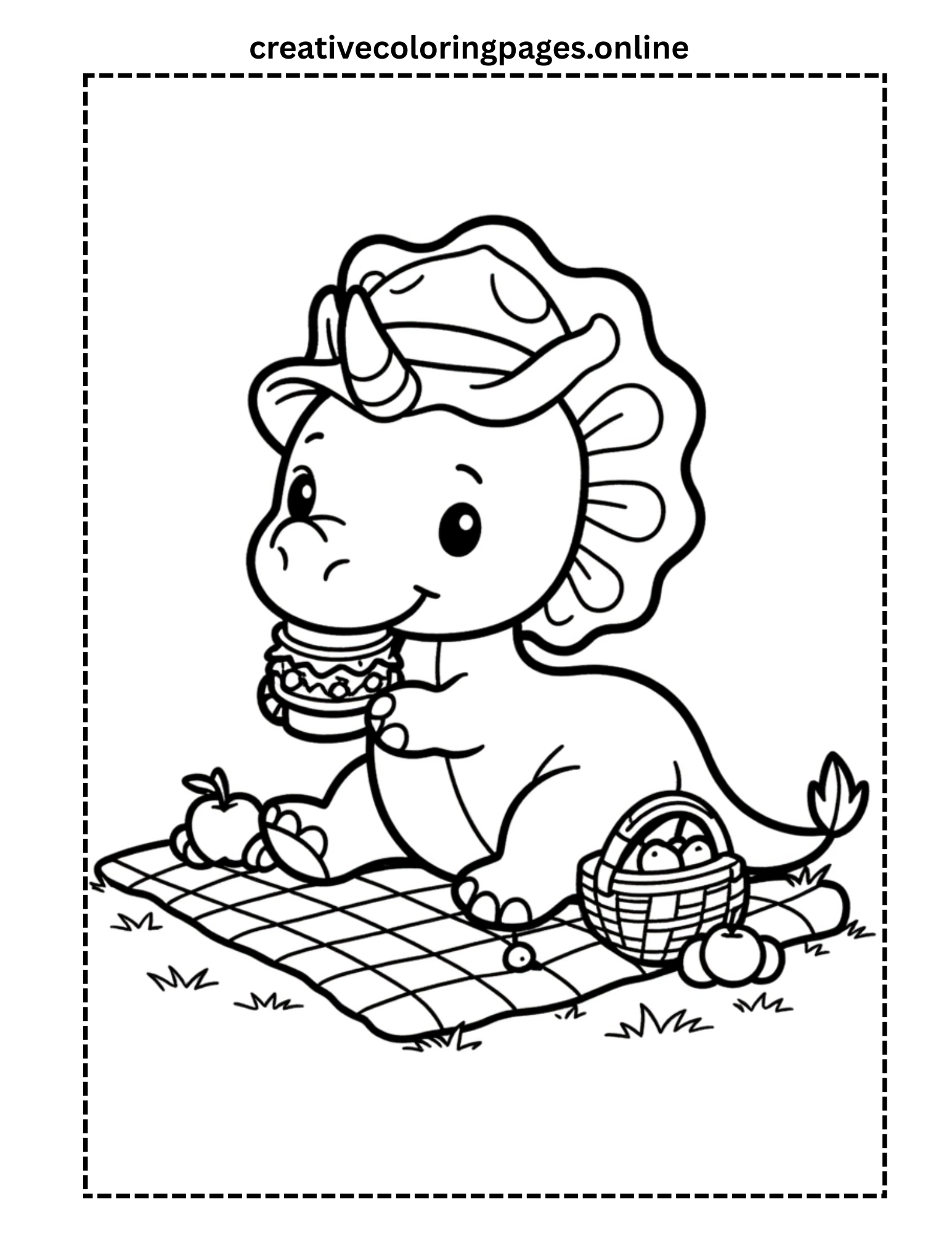 Picnic Dinosaur Coloring Page - Cute Dino Eating