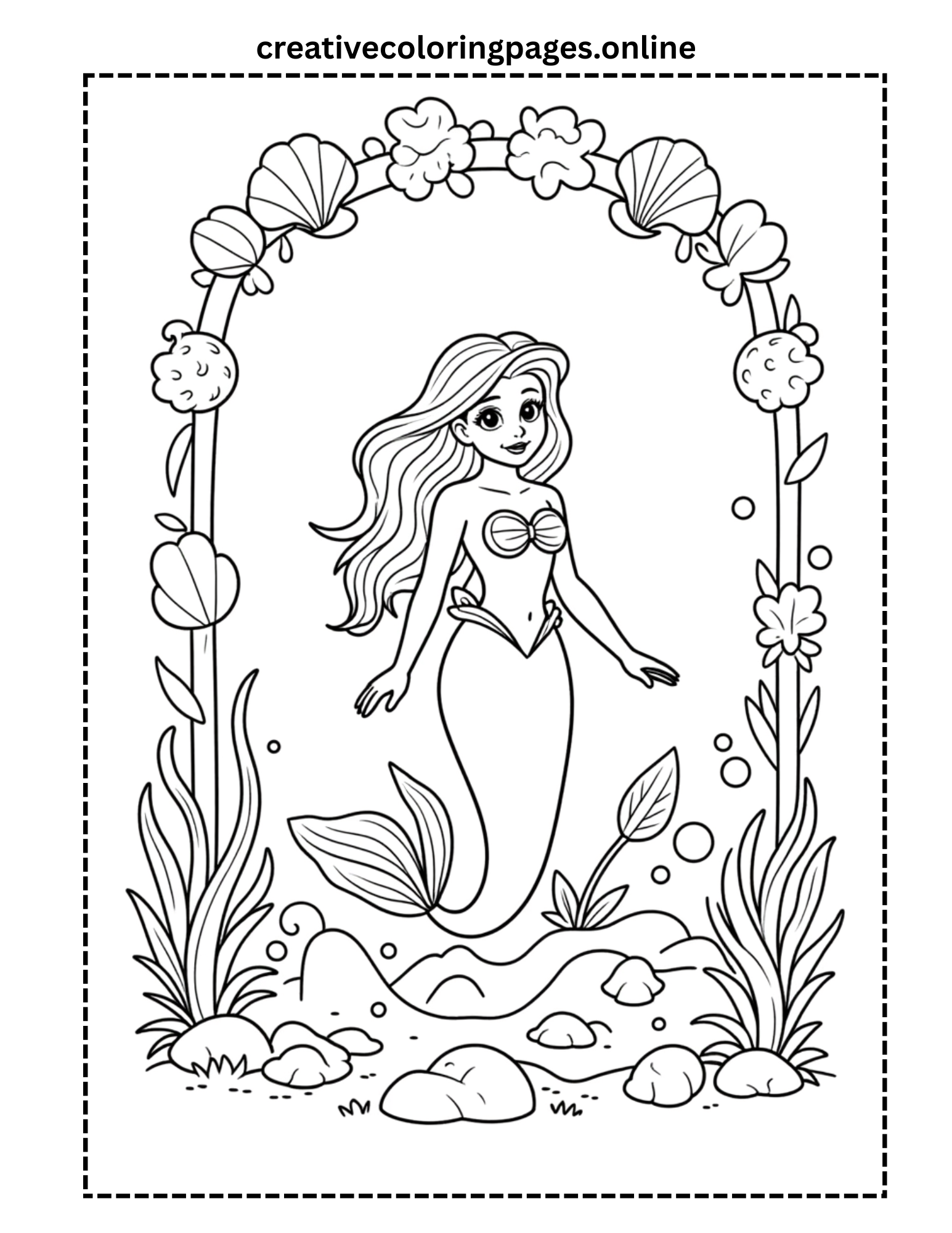 Mermaid Shell Frame Coloring Page - Underwater - Image 1