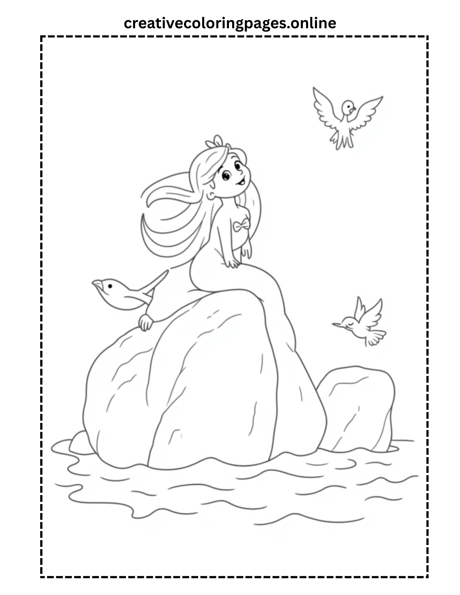 Mermaid on Rock Coloring Page - Birds & Ocean - Image 1