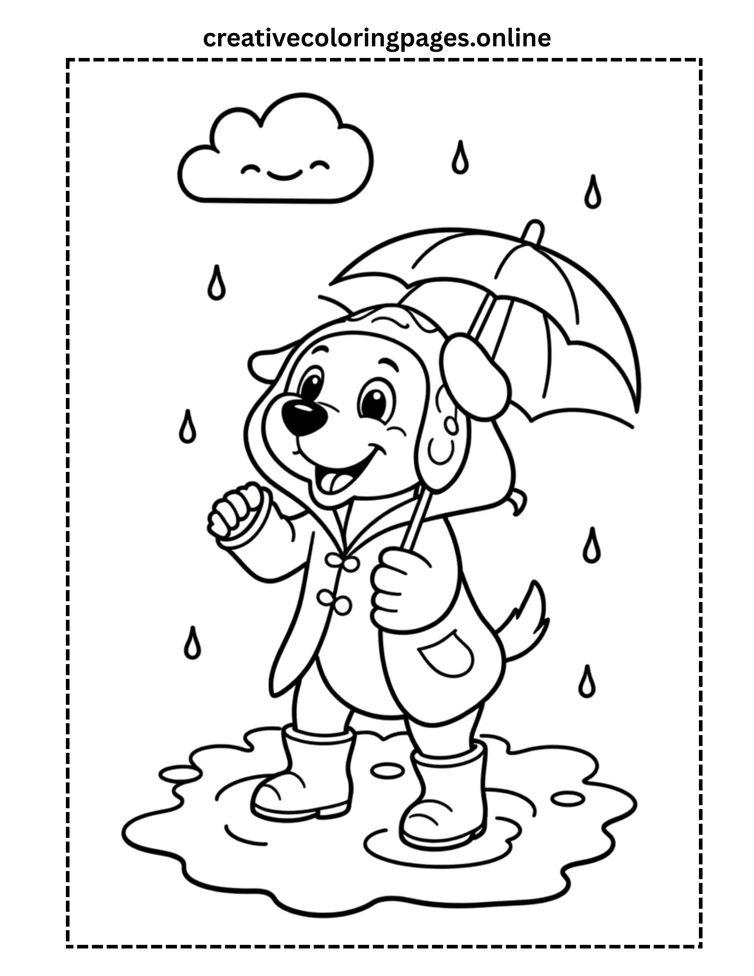 Rainy Day Dog Coloring Page - Puppy with Umbrella