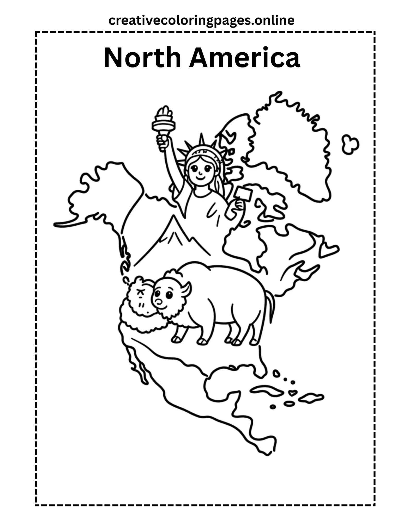 North America Coloring Page - Map & Landmarks