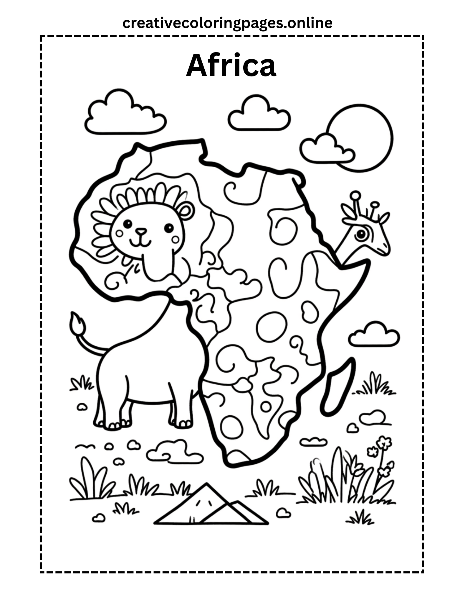 Africa Coloring Page - Continent & Animals Map