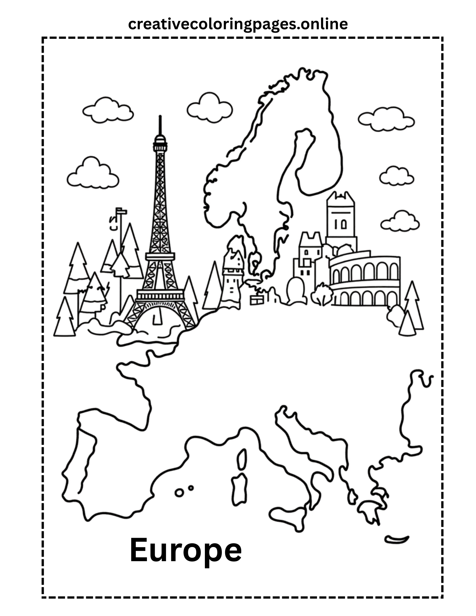 Europe Coloring Page - Continent & Landmarks Map