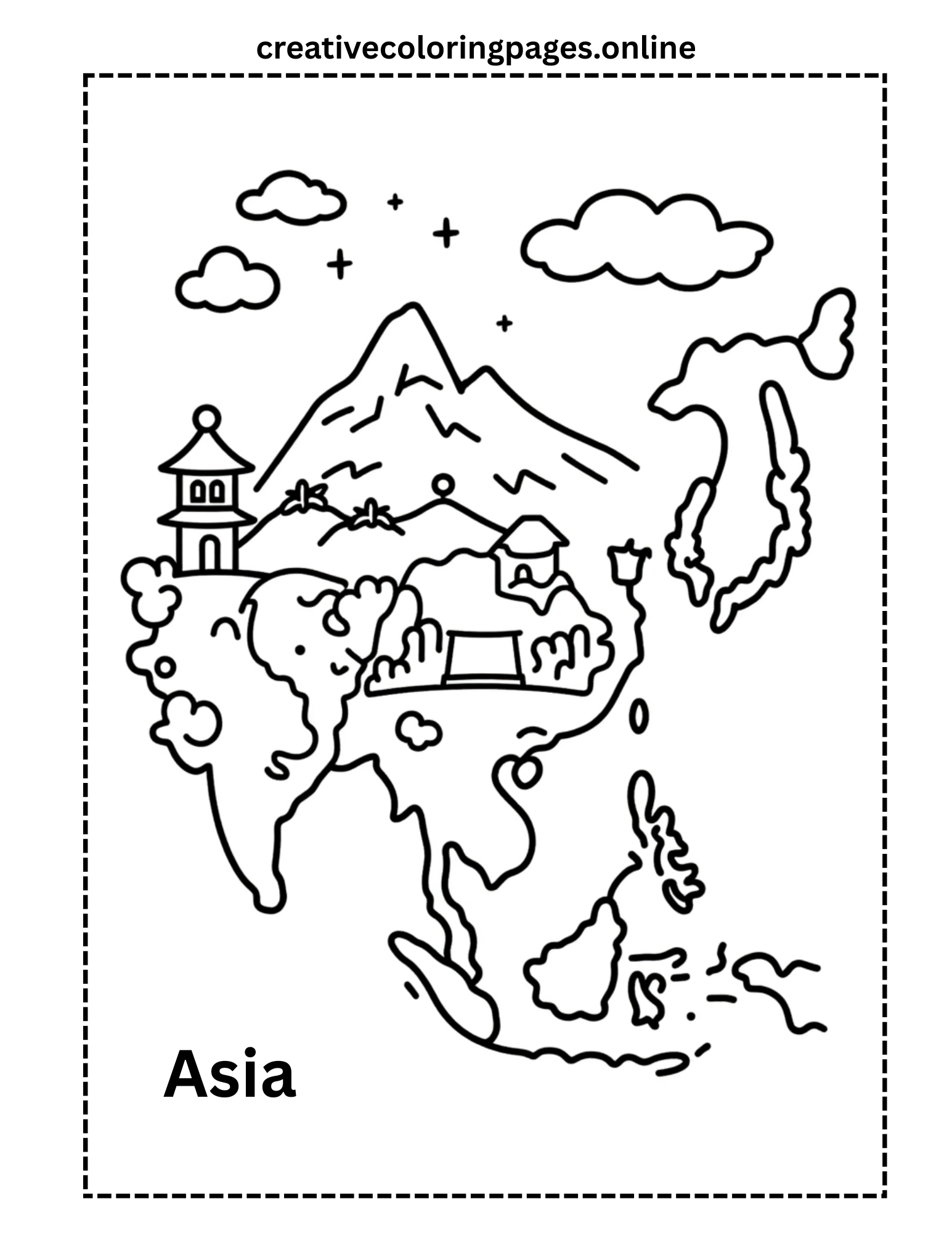 Asia Coloring Page - Continent Map & Landmarks