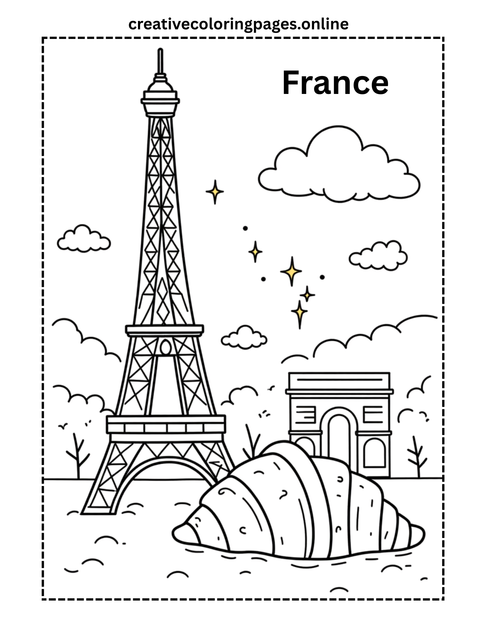 France Coloring Page - Eiffel Tower & Croissant