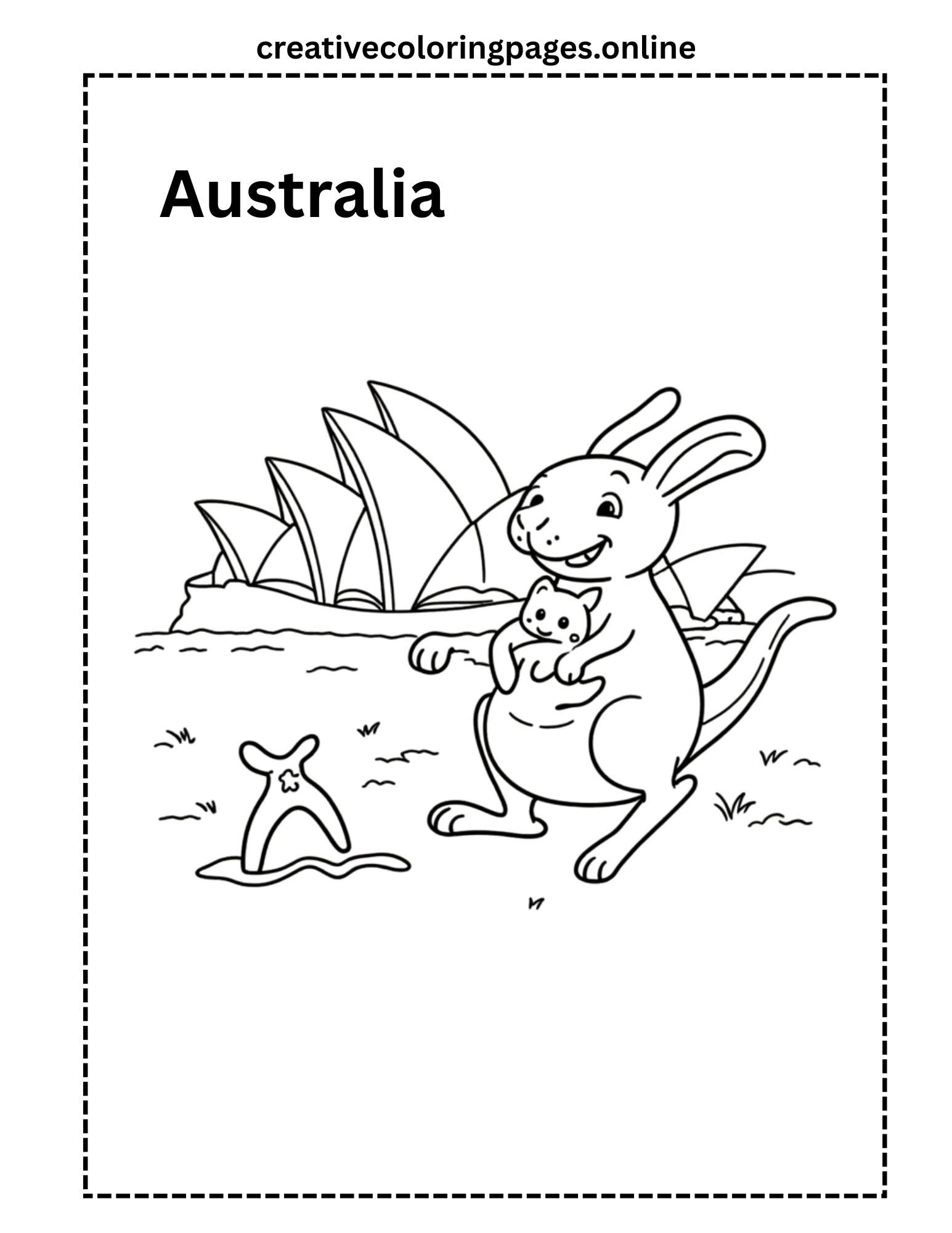 Australia Coloring Page - Kangaroo & Opera House