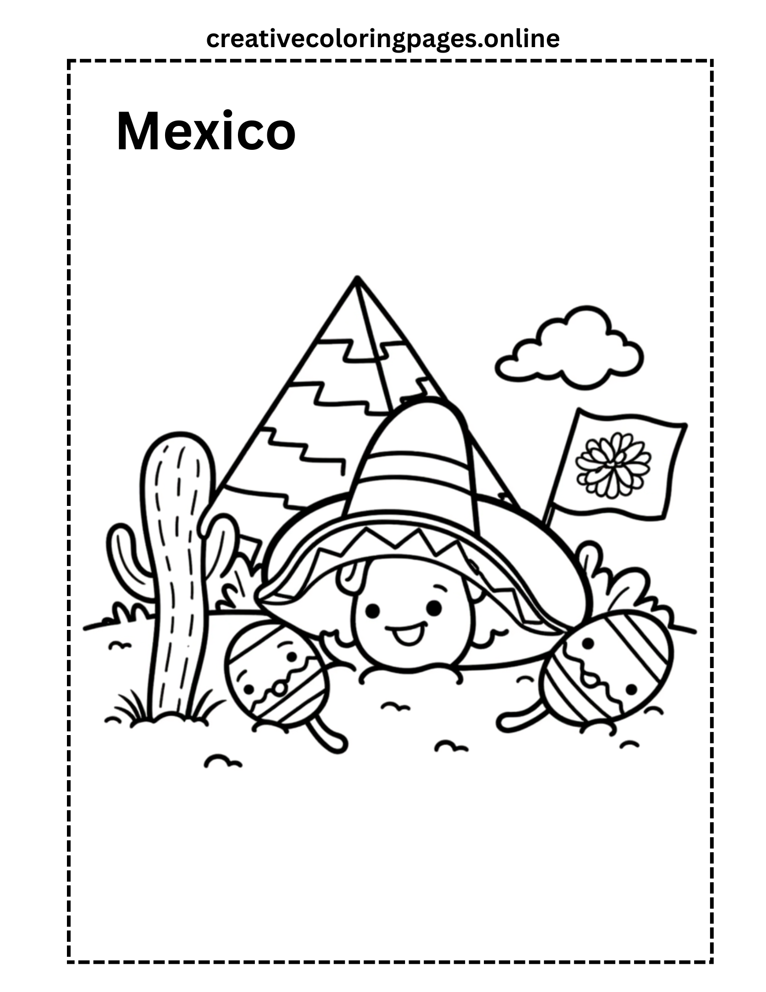 Mexico Coloring Page - Pyramid, Sombrero & Cactus