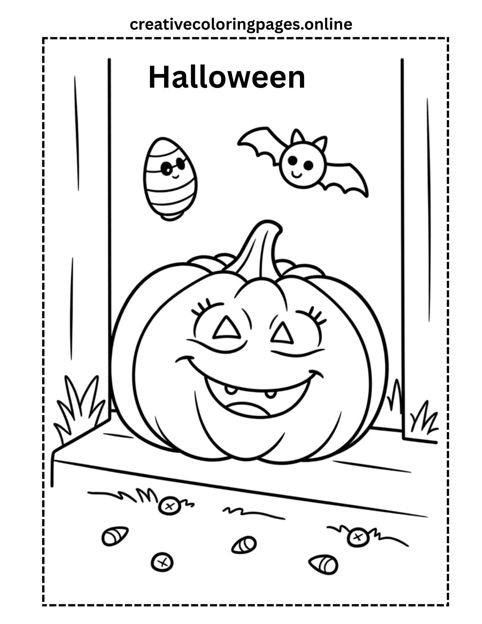 Halloween Coloring Page - Pumpkin, Bat & Mummy
