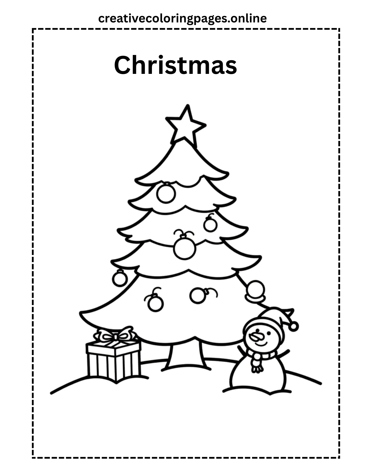 Christmas Tree Coloring Page - Snowman & Gifts