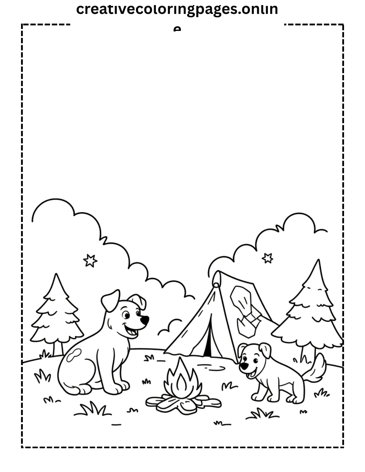 Dog Camping Coloring Page - Puppies Tent Campfire