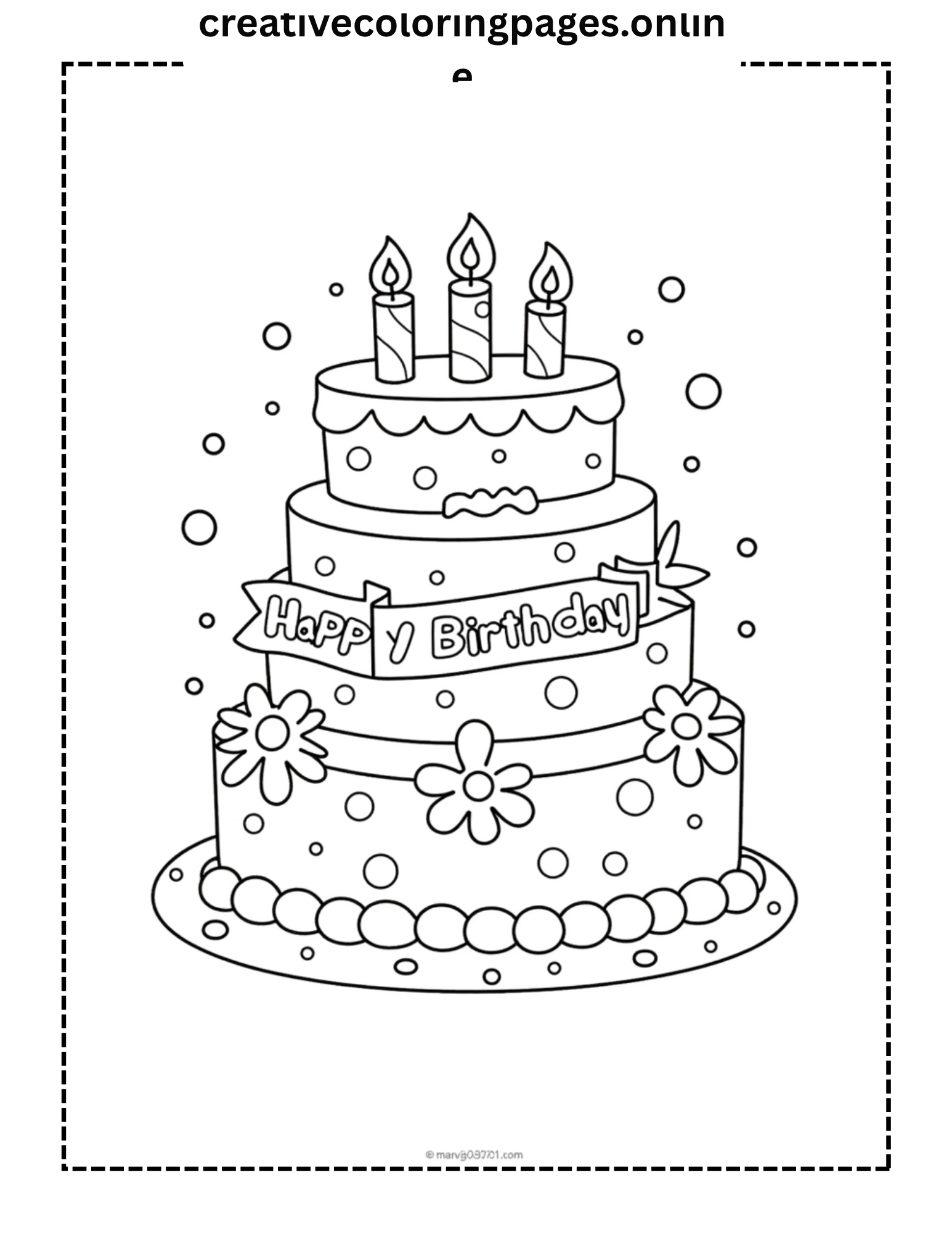Birthday Cake Coloring Page - 3 Tier Cake Candles