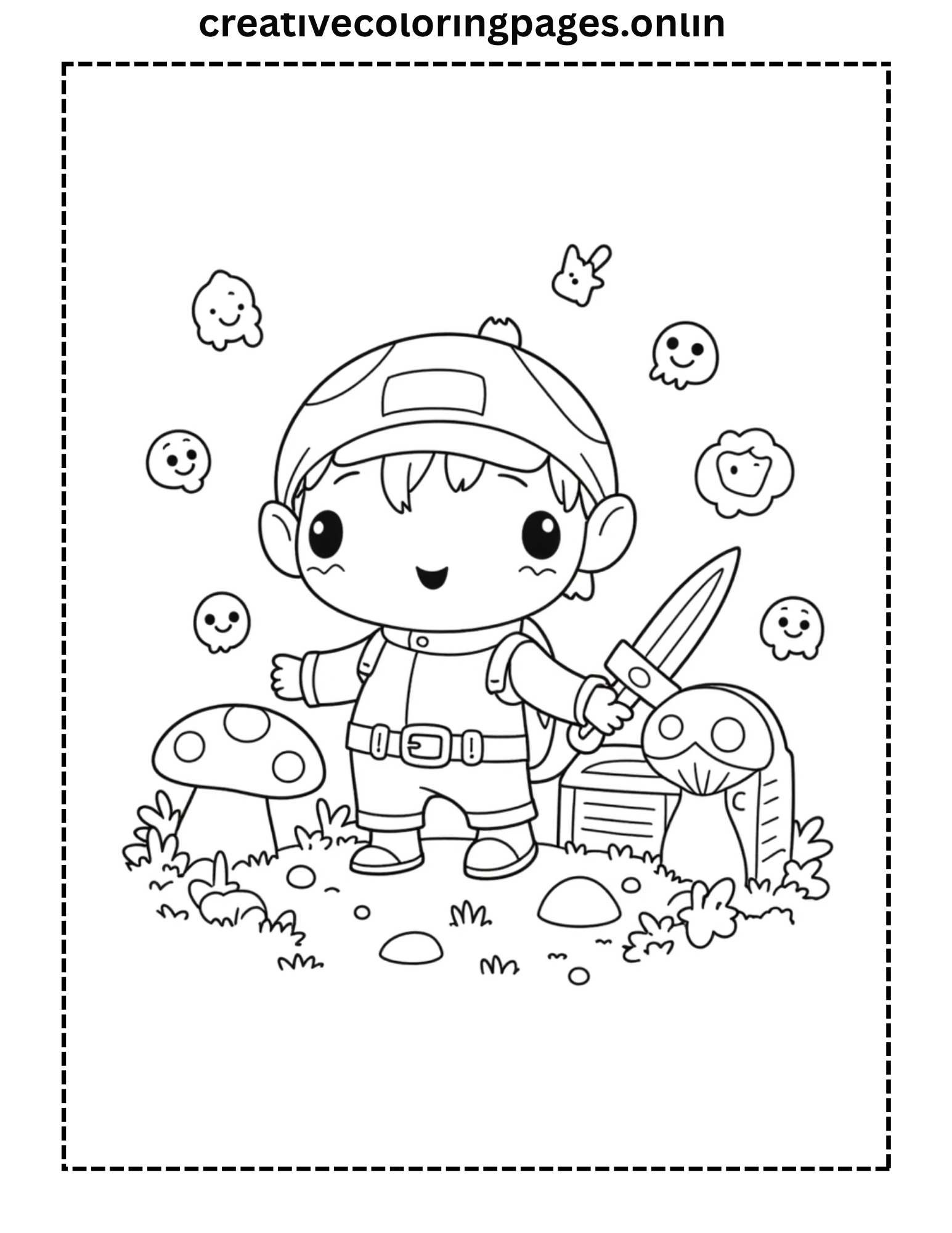 Kawaii Adventure Coloring Page - Sword Mushrooms Ghosts