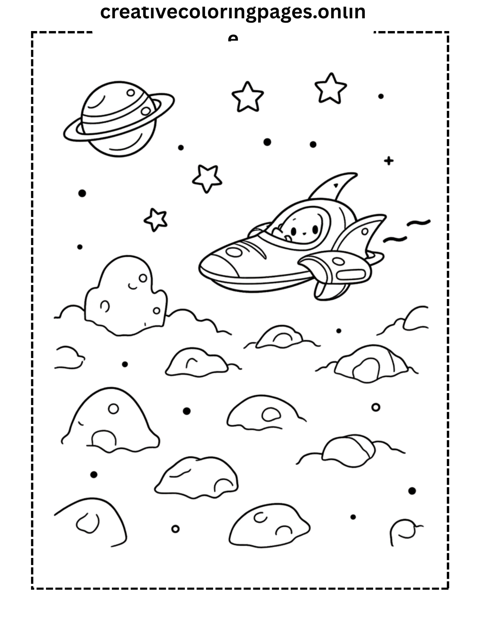 Kawaii Space Coloring Page - Rocket Asteroids Planet
