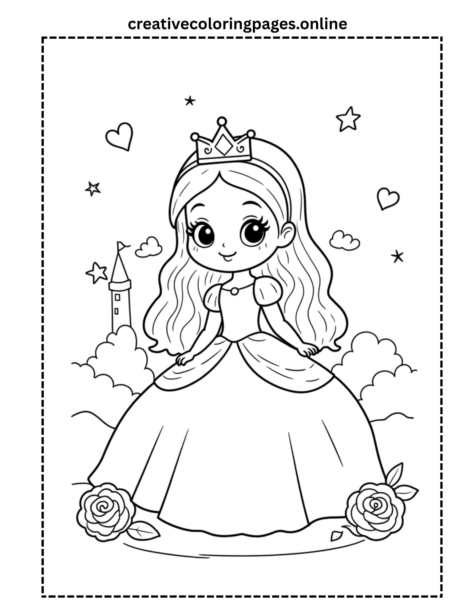 Free Cute Princess with Castle Coloring Page