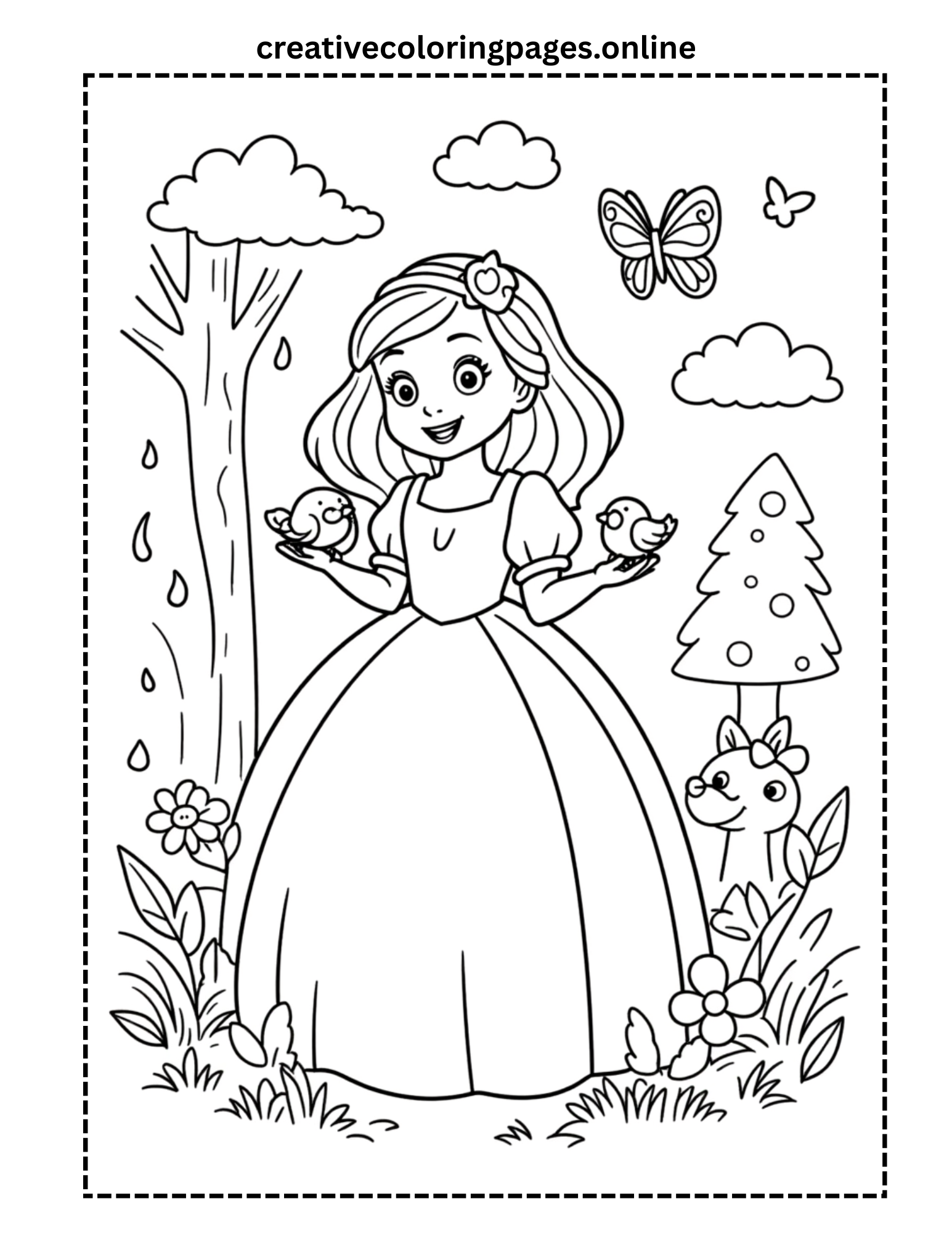 Free Princess with Birds Coloring Page