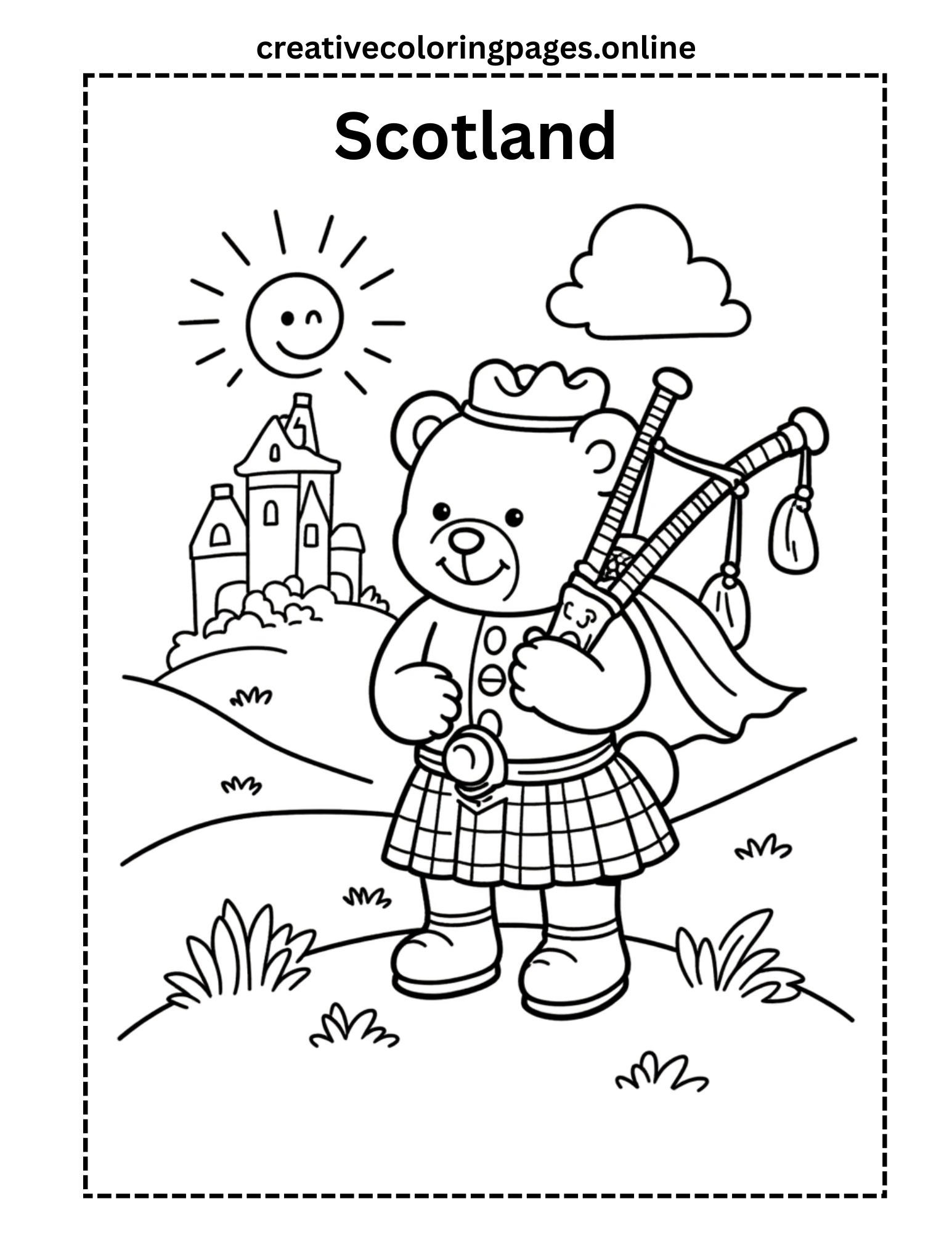 Free Scottish Bagpipe Bear Coloring Page