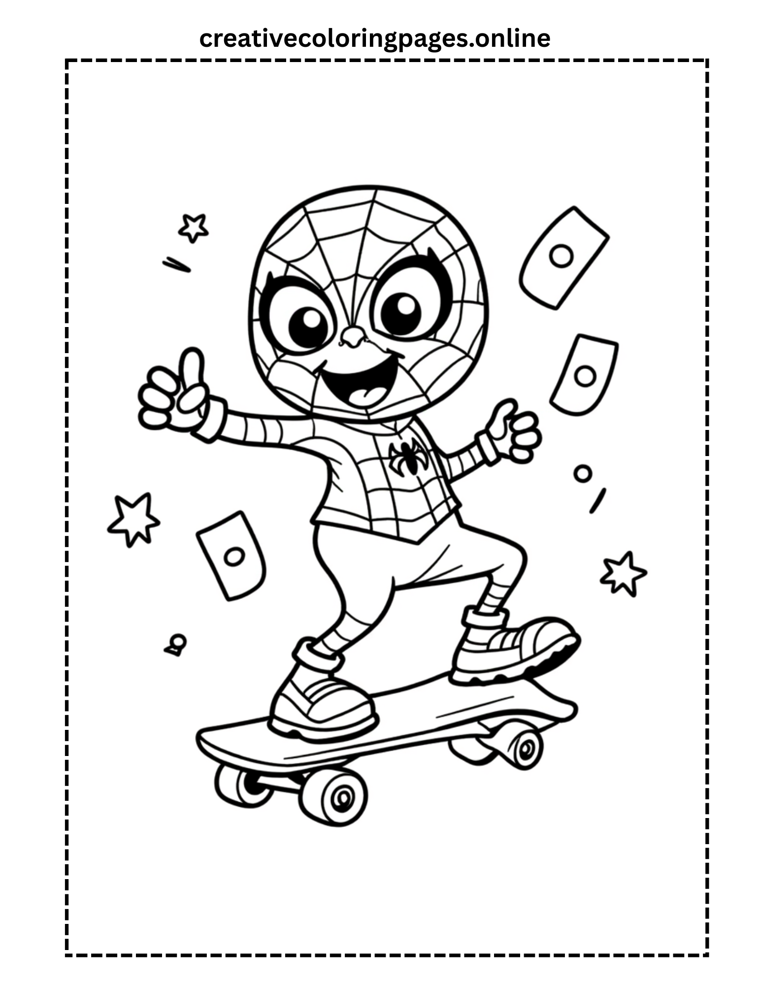 Cute Spider Hero Skateboarding Coloring Page