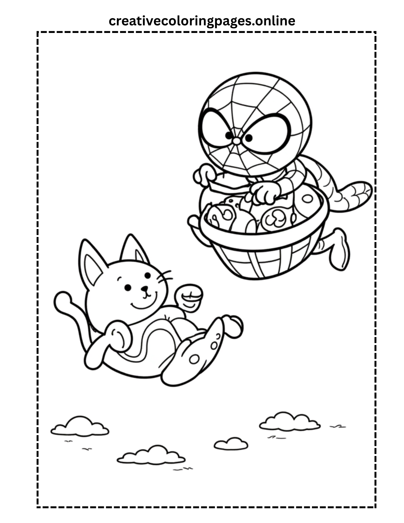 Spider Hero & Flying Cat Easter Coloring Page