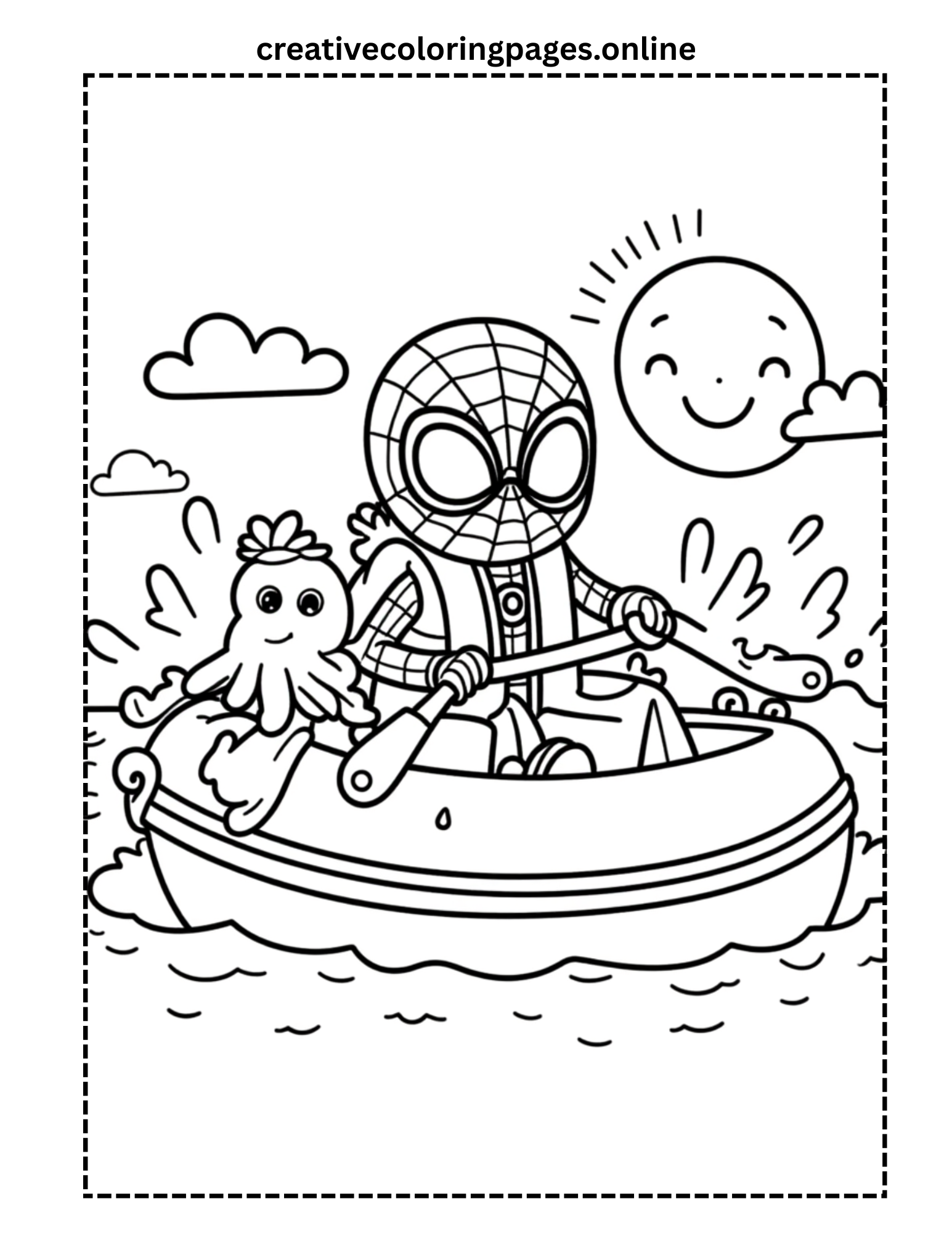 Spider Hero Rowing Boat with Octopus Coloring Page