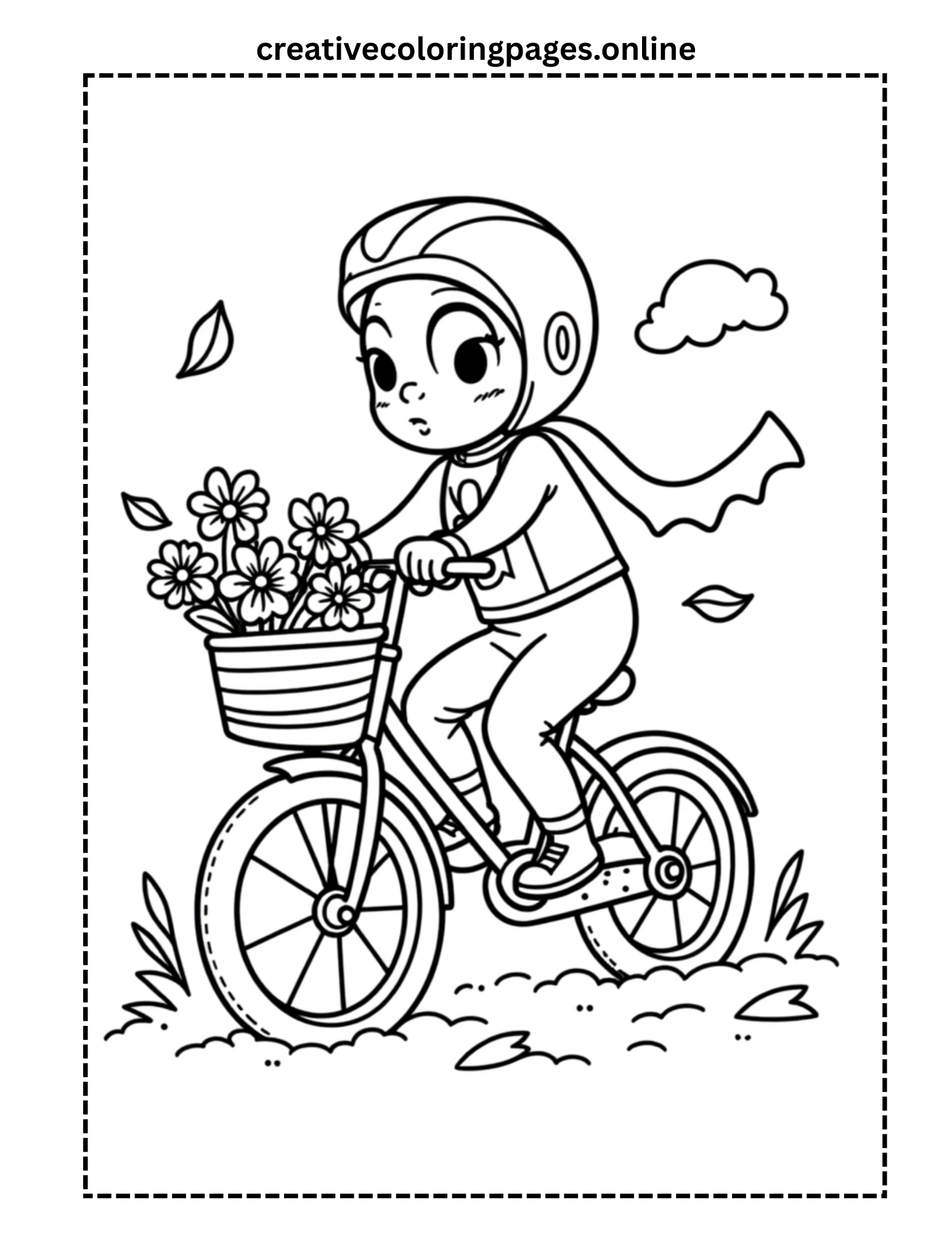 Cute Girl Superhero Riding Bike with Flowers Coloring Page