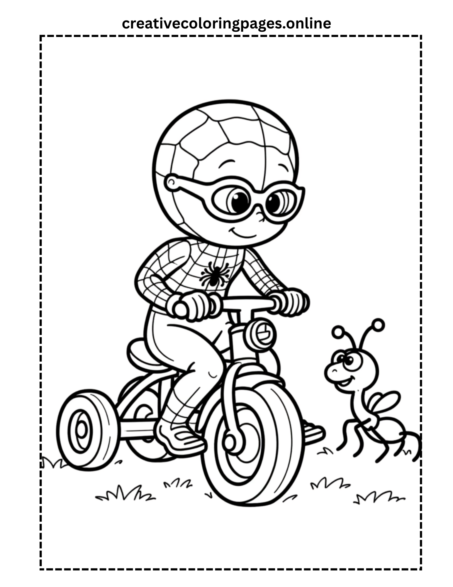 Cute Spider Hero Riding Tricycle with Ant Coloring Page