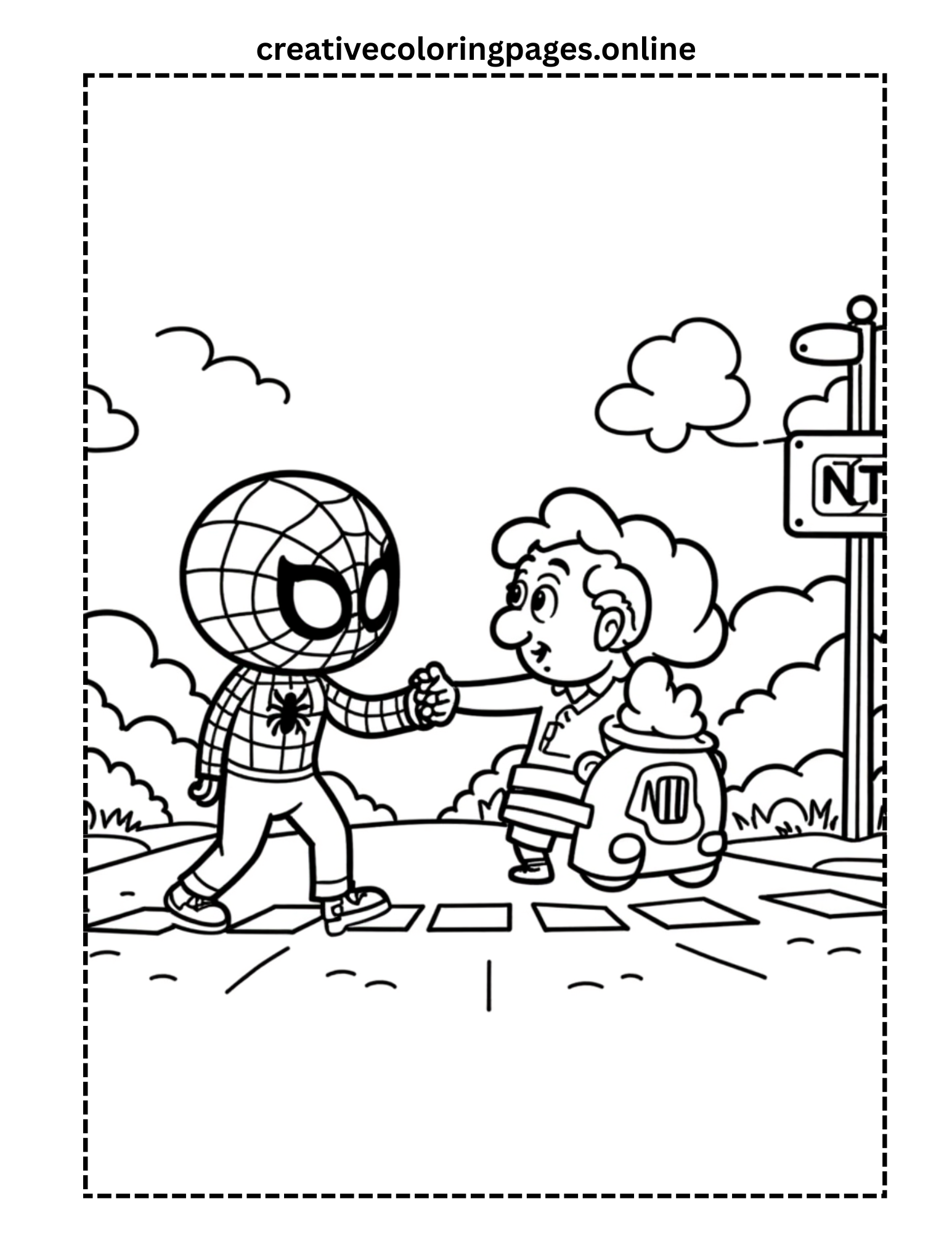 Spider Hero Helping Kid Cross Street Coloring Page