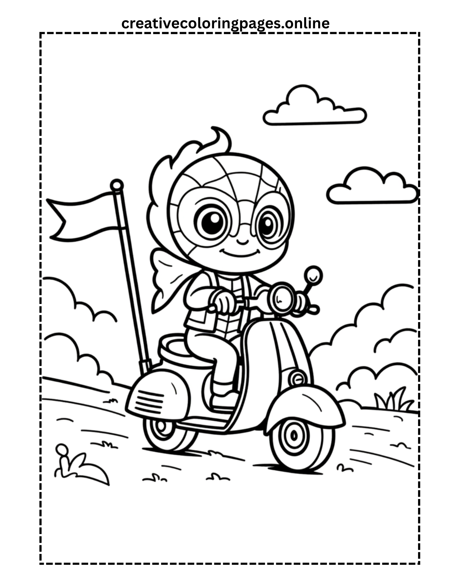 Cute Spider Hero Riding Scooter with Flag Coloring Page