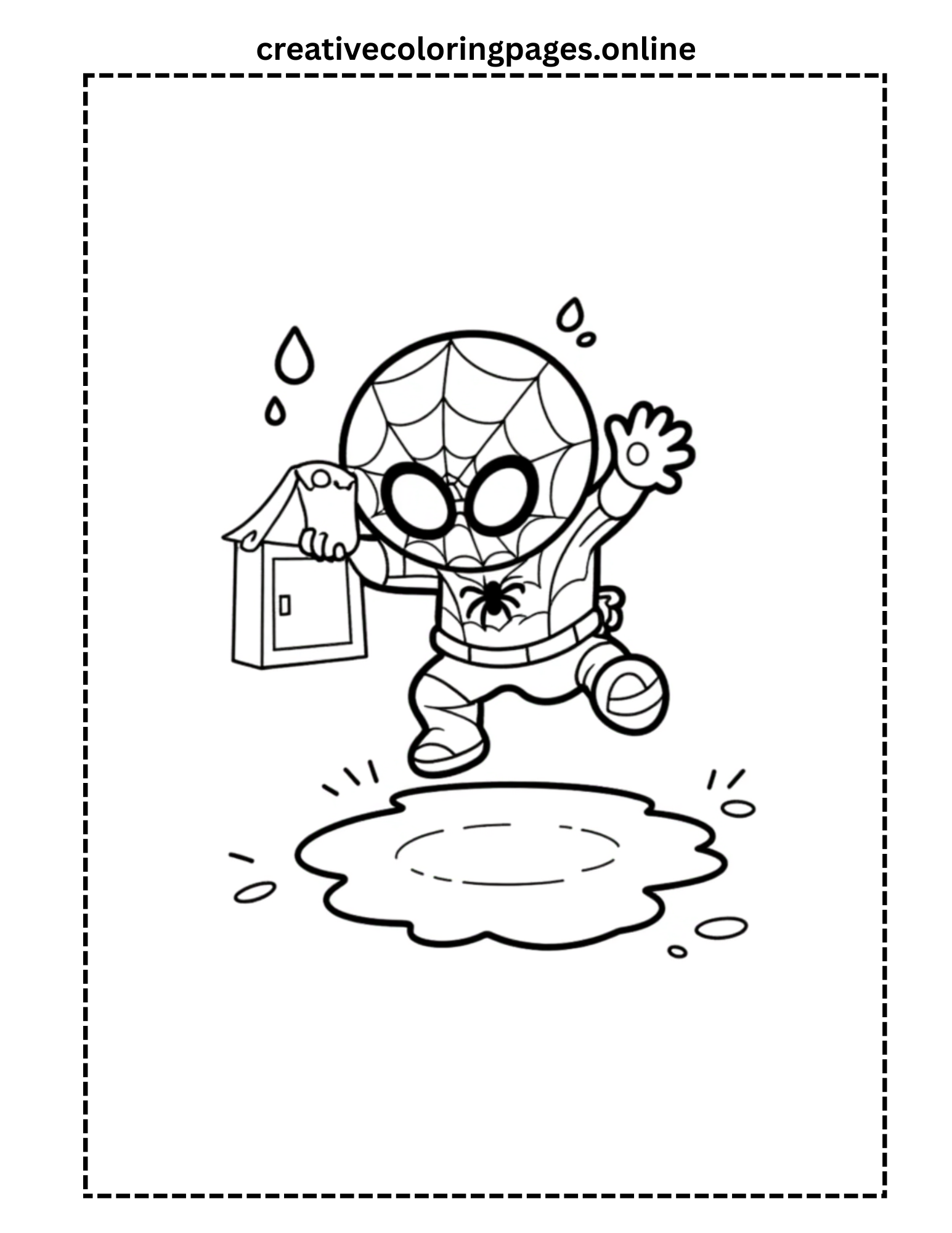 Spider Hero Jumping in Rain Puddle Coloring Page