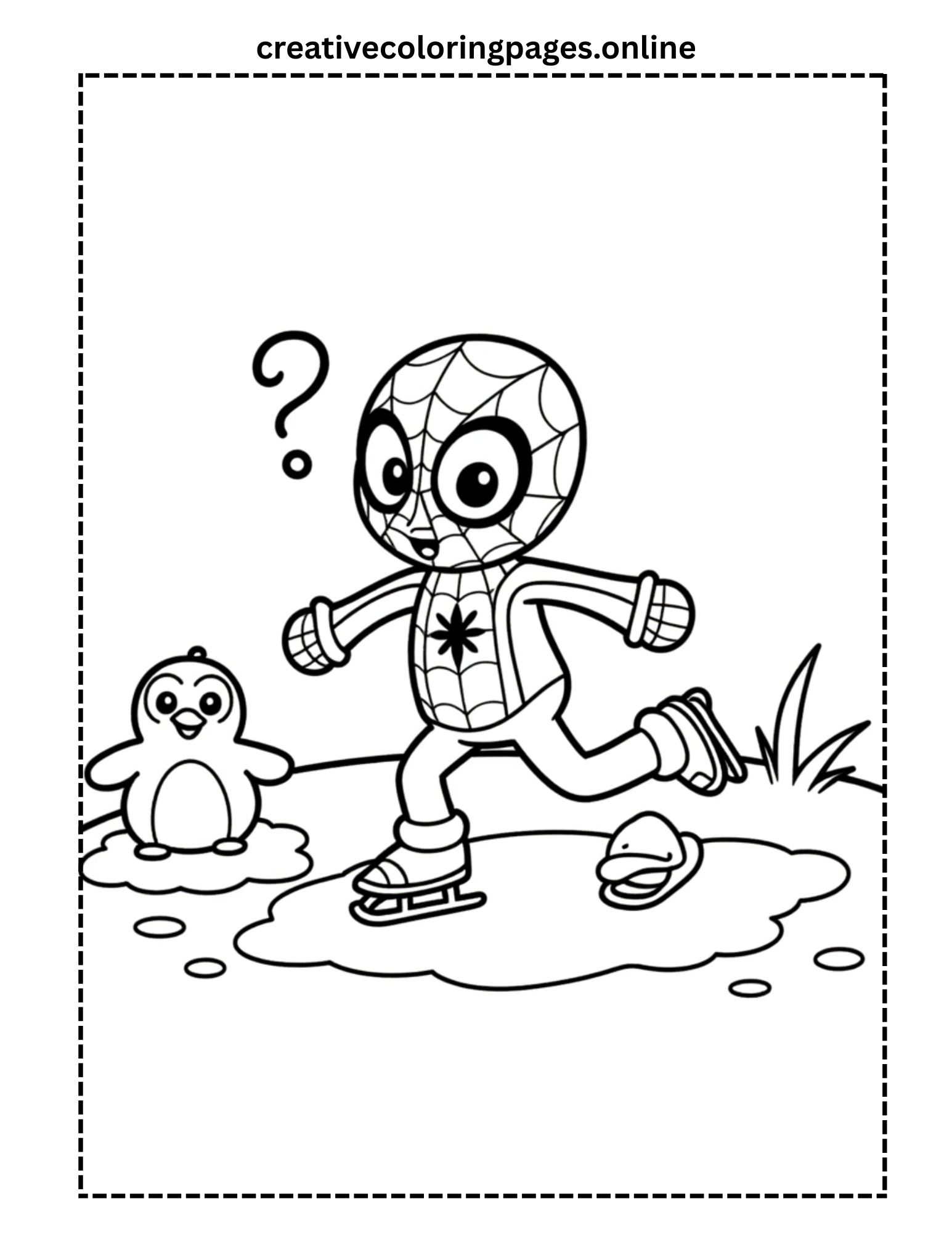 Spider Hero Ice Skating with Penguin Coloring Page
