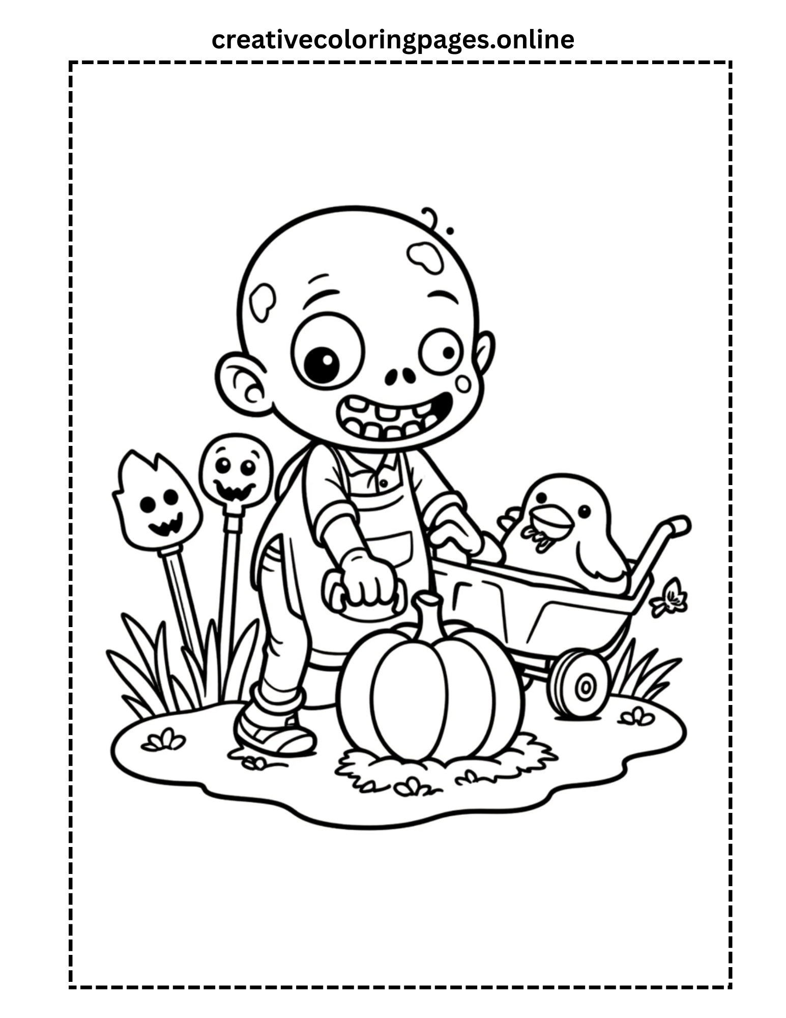 Cute Zombie with Pumpkin & Duck Coloring Page