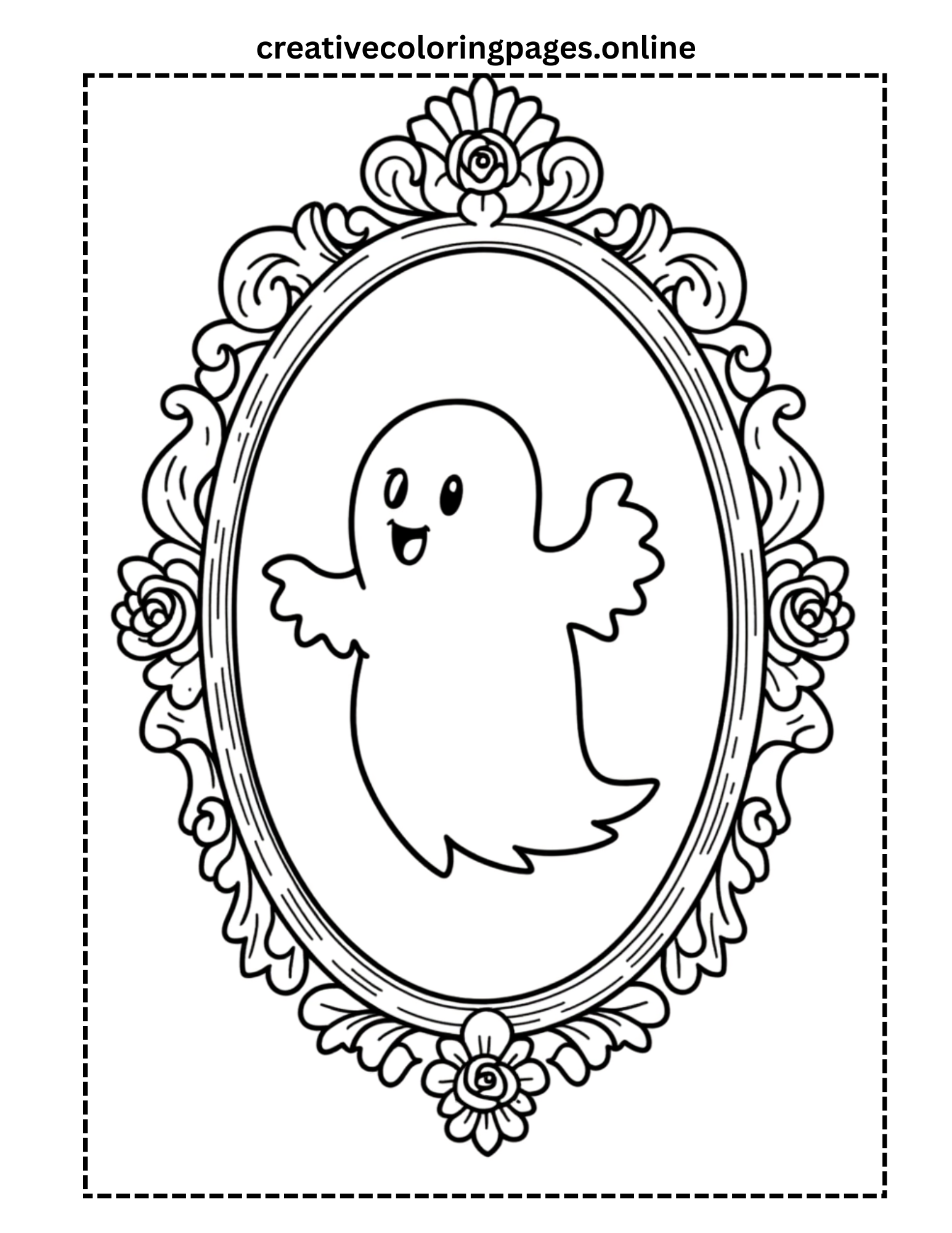 Cute Ghost in Vintage Mirror Frame Coloring Page