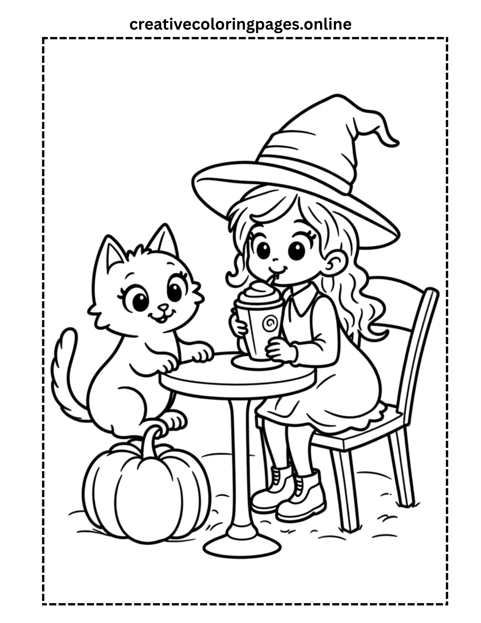Cute Witch Girl & Cat Drinking Coffee Coloring Page