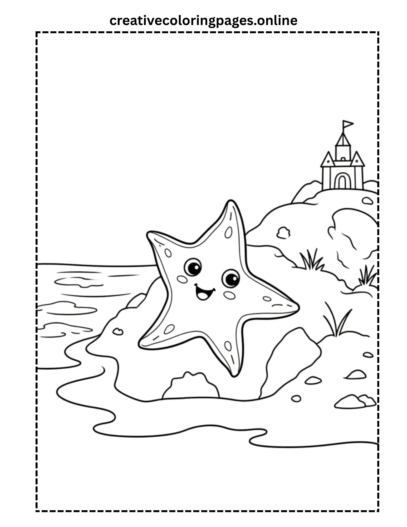 Cute Starfish on Beach with Sand Castle Coloring Page